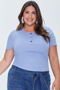 SKY BLUE Plus Size Ribbed Henley Top, image 1