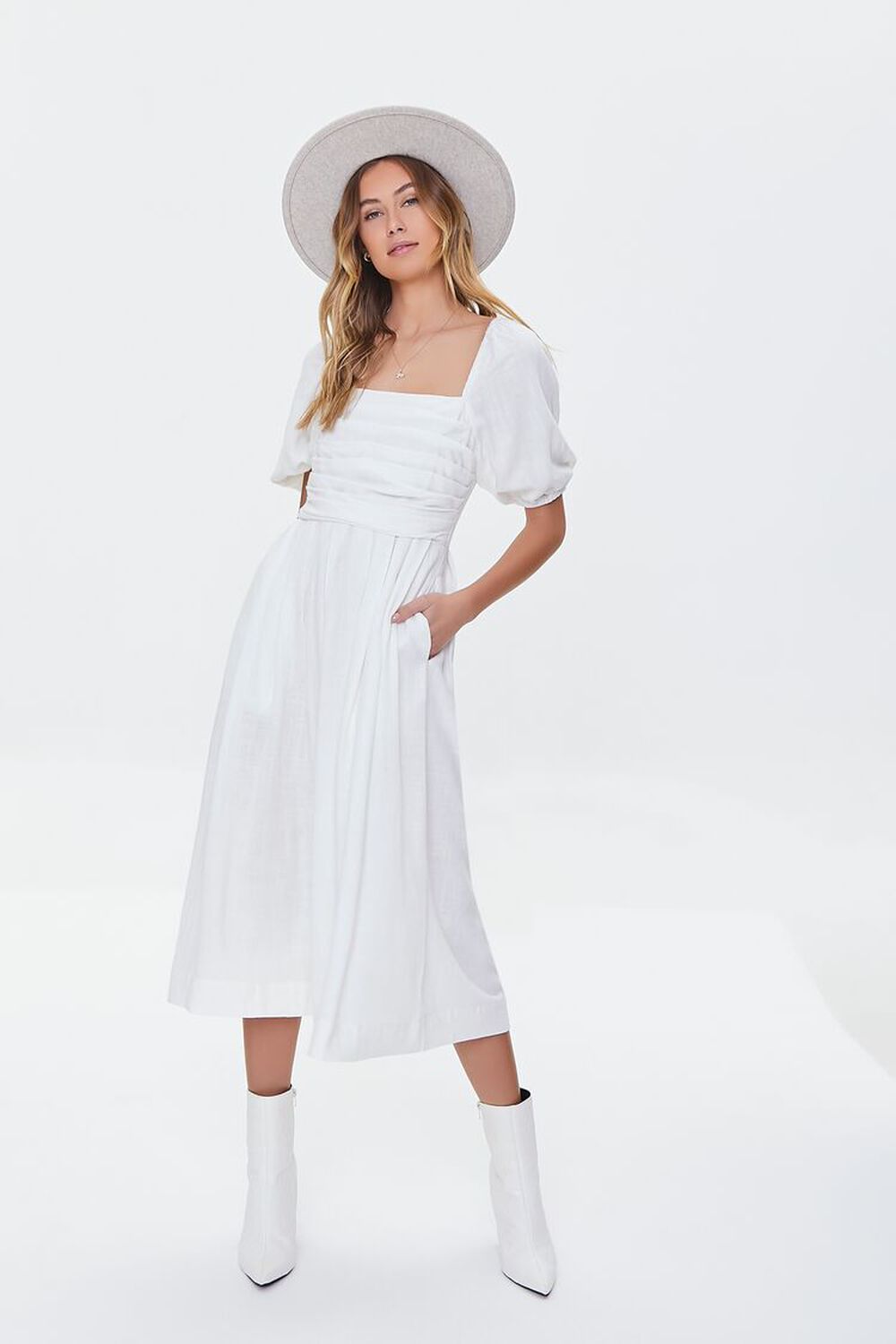 WHITE Peasant-Sleeve Midi Dress, image 1