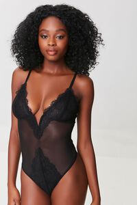 BLACK Mesh Lace-Trim Bodysuit, image 1