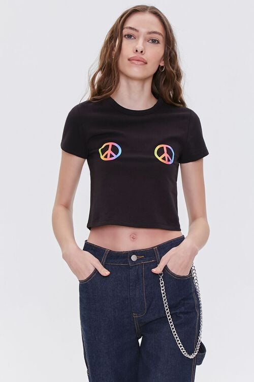 BLACK/MULTI Peace Sign Cropped Tee, image 1