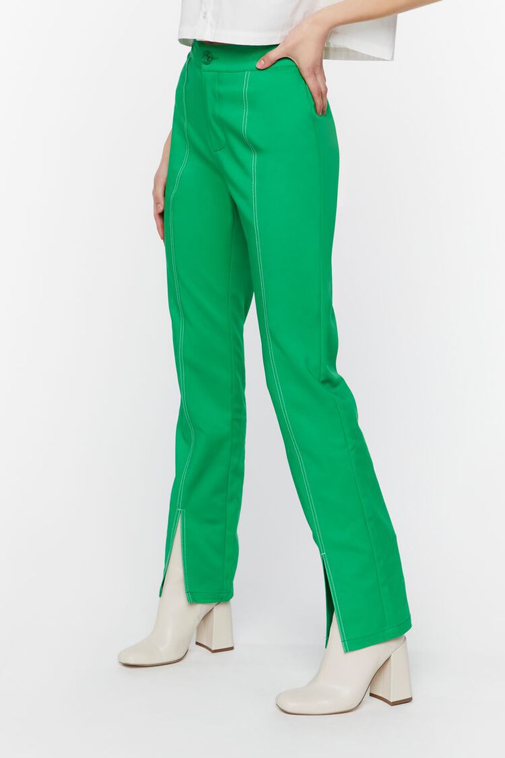GREEN/WHITE Contrast-Trim Split-Hem Pants, image 3