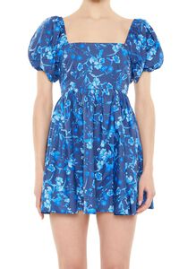 BLUE/MULTI Floral Print Babydoll Mini Dress, image 4