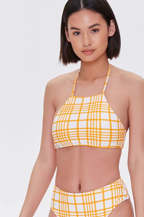 ORANGE/WHITE Plaid Halter Bikini Top, image 1