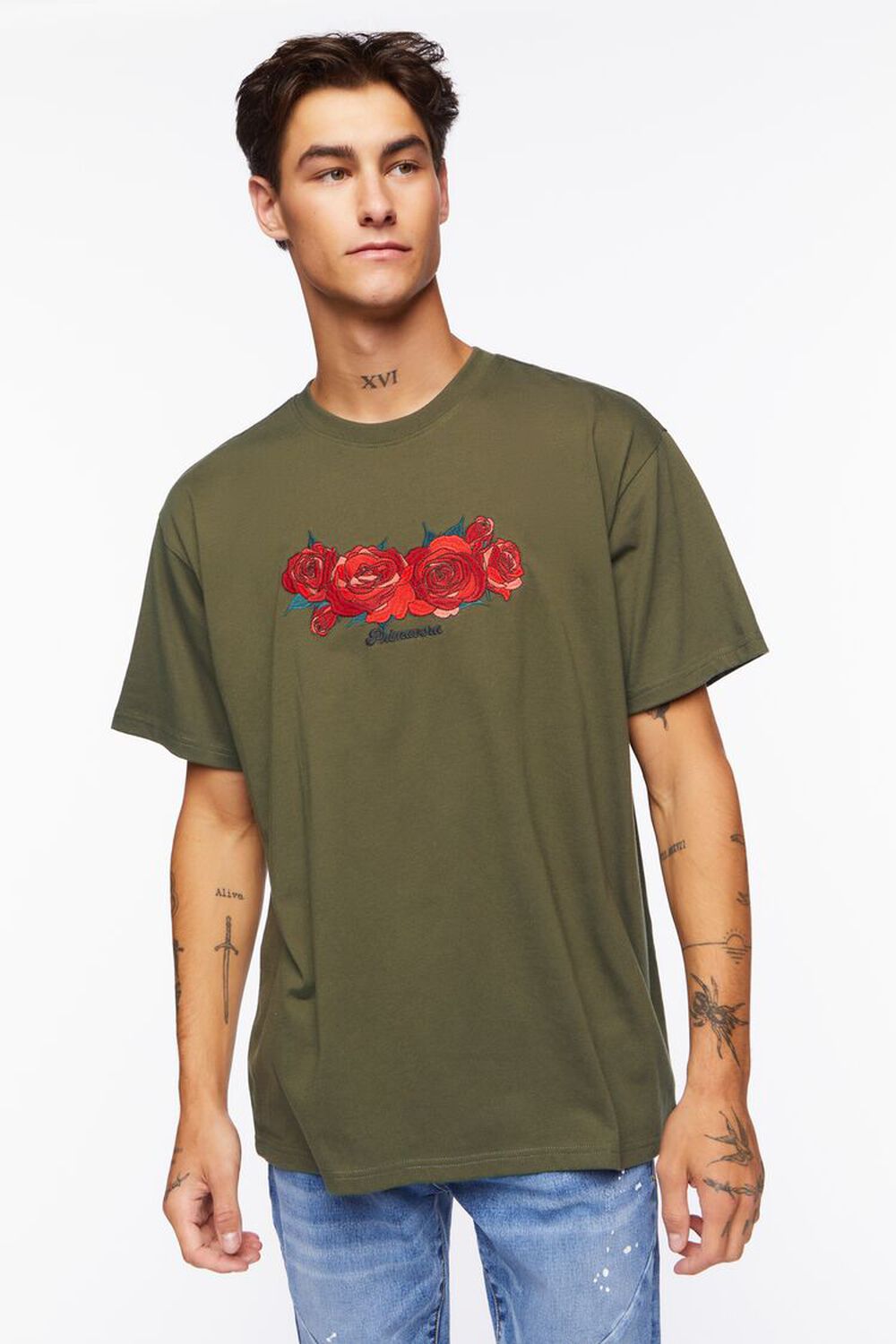OLIVE/RED Embroidered Primavera Rose Graphic Tee, image 1