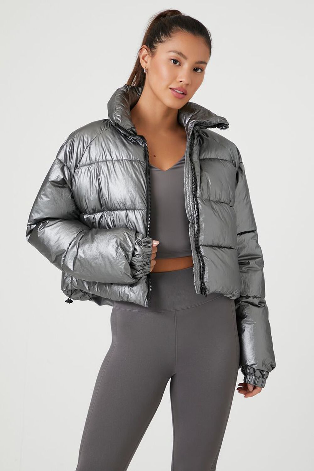 Forever 21 Women's Active Metallic Puffer Bubble Coat Jacket in Silver, Xs | Workout, Yoga, Gym Clothes | F21