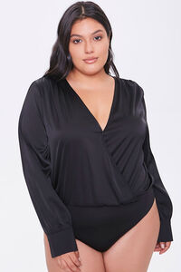 BLACK Plus Size Shirred Surplice Bodysuit, image 5