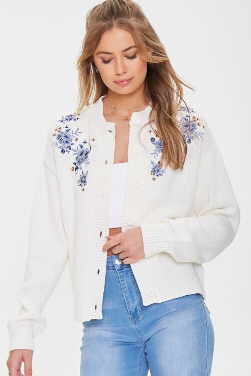 CREAM/PURPLE Floral Embroidered Cardigan Sweater, image 6