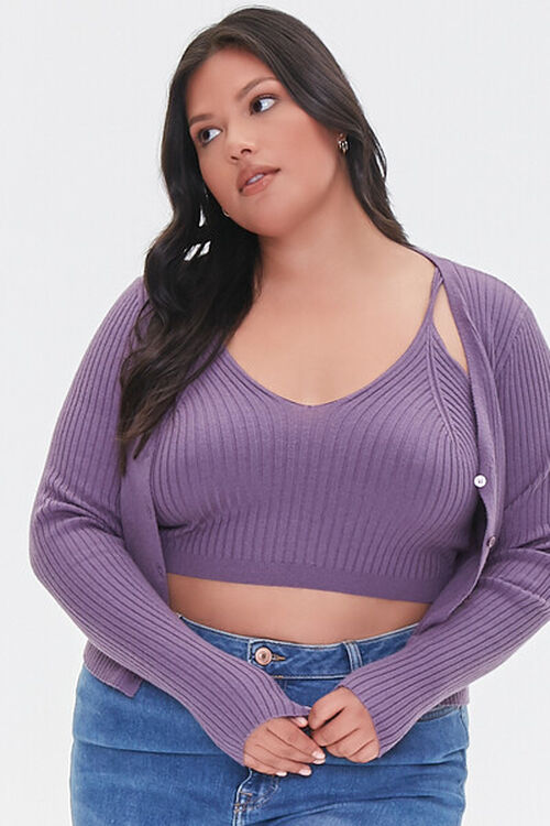 PURPLE Plus Size Ribbed Cardigan Sweater, image 1