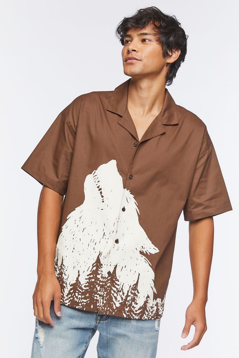 BROWN/CREAM Twill Wolf Graphic Button-Front Shirt, image 1