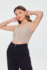KHAKI Waffle Knit Button-Front Crop Top, image 1