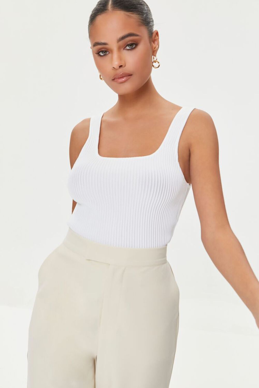 WHITE Ribbed Sweater-Knit Tank Top, image 1