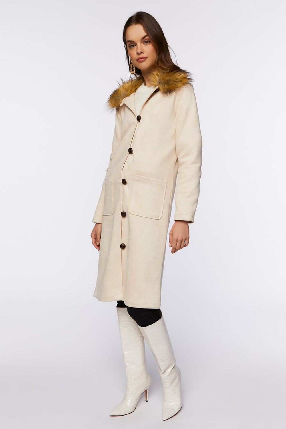 SAND/MULTI Faux Suede & Fur Longline Coat, image 2