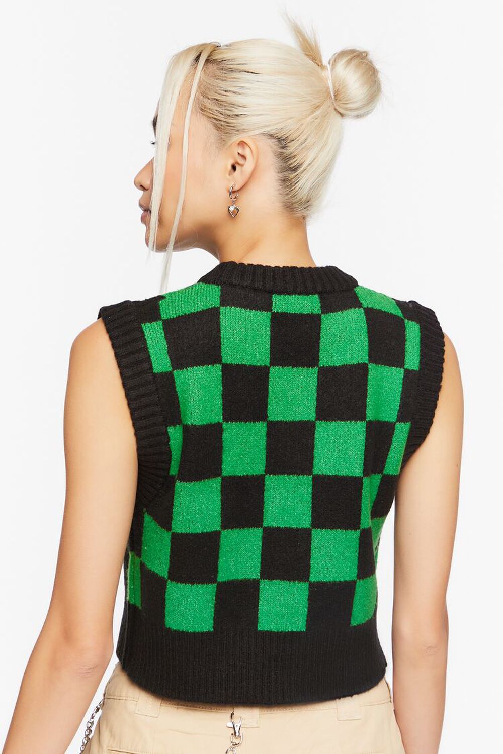 BLACK/GREEN Checkered Cropped Sweater Vest, image 3