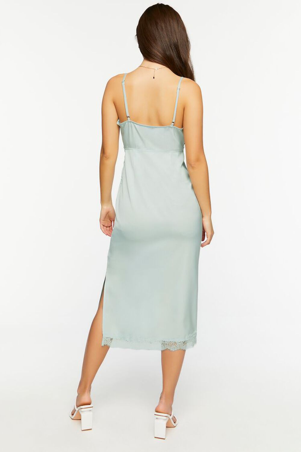 BLUE Satin Lace-Trim Midi Slip Dress, image 3