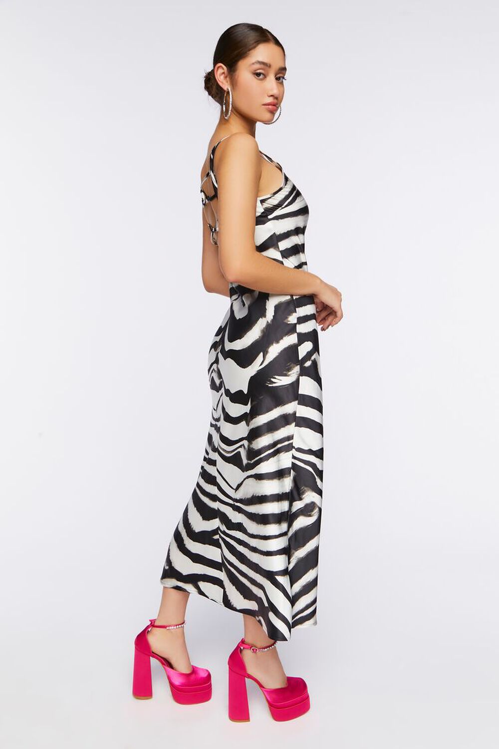 WHITE/BLACK Satin Zebra Print Midi Dress, image 2