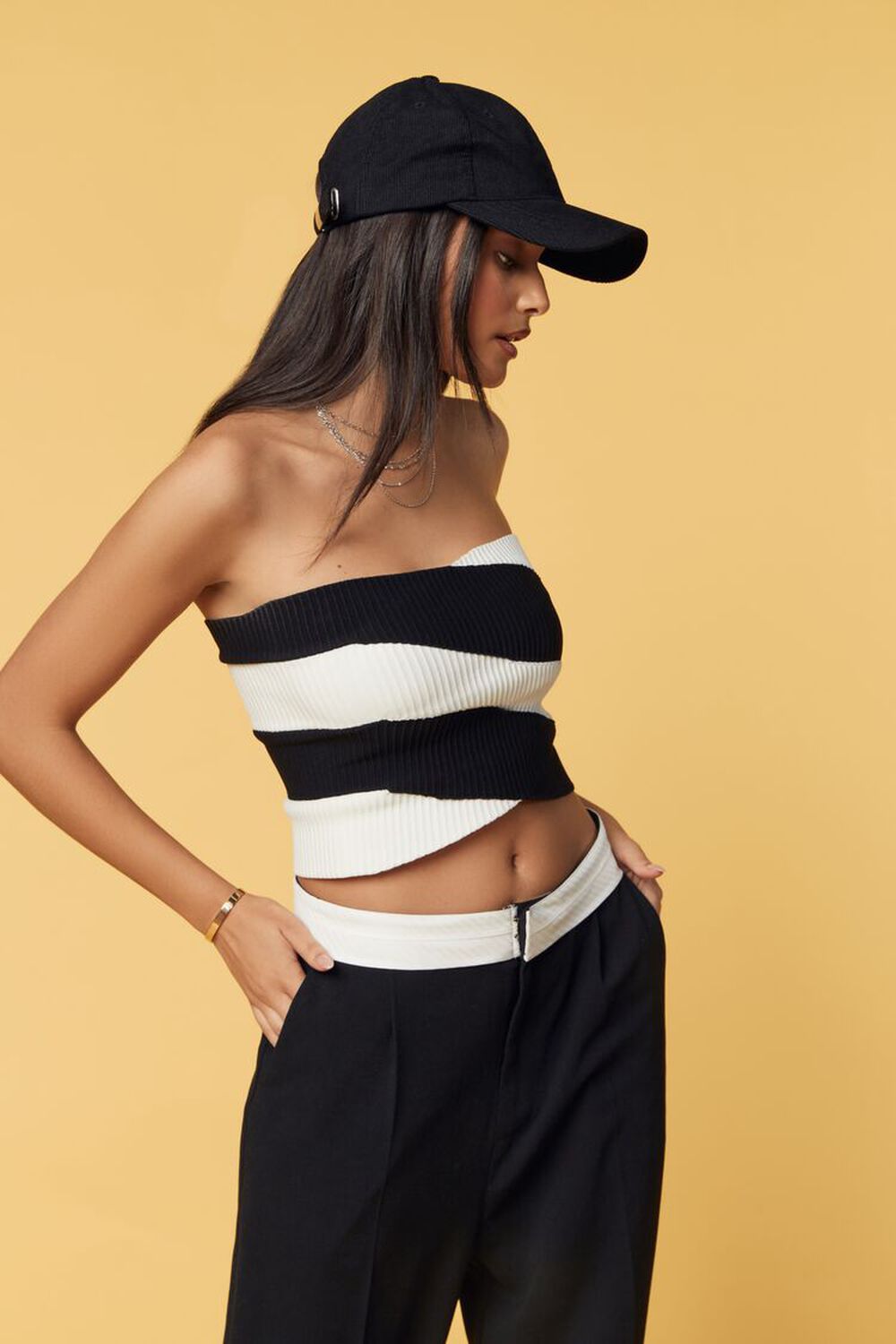 BLACK/WHITE Striped Cropped Sweater-Knit Tube Top, image 1