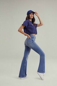 MEDIUM DENIM Hemp 4% Distressed Flare Jeans, image 2