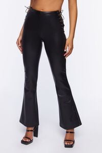 BLACK Faux Leather Lace-Up Flare Pants, image 2