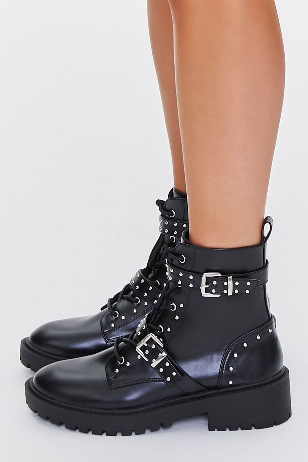 Studded Buckled-Strap Combat Boots