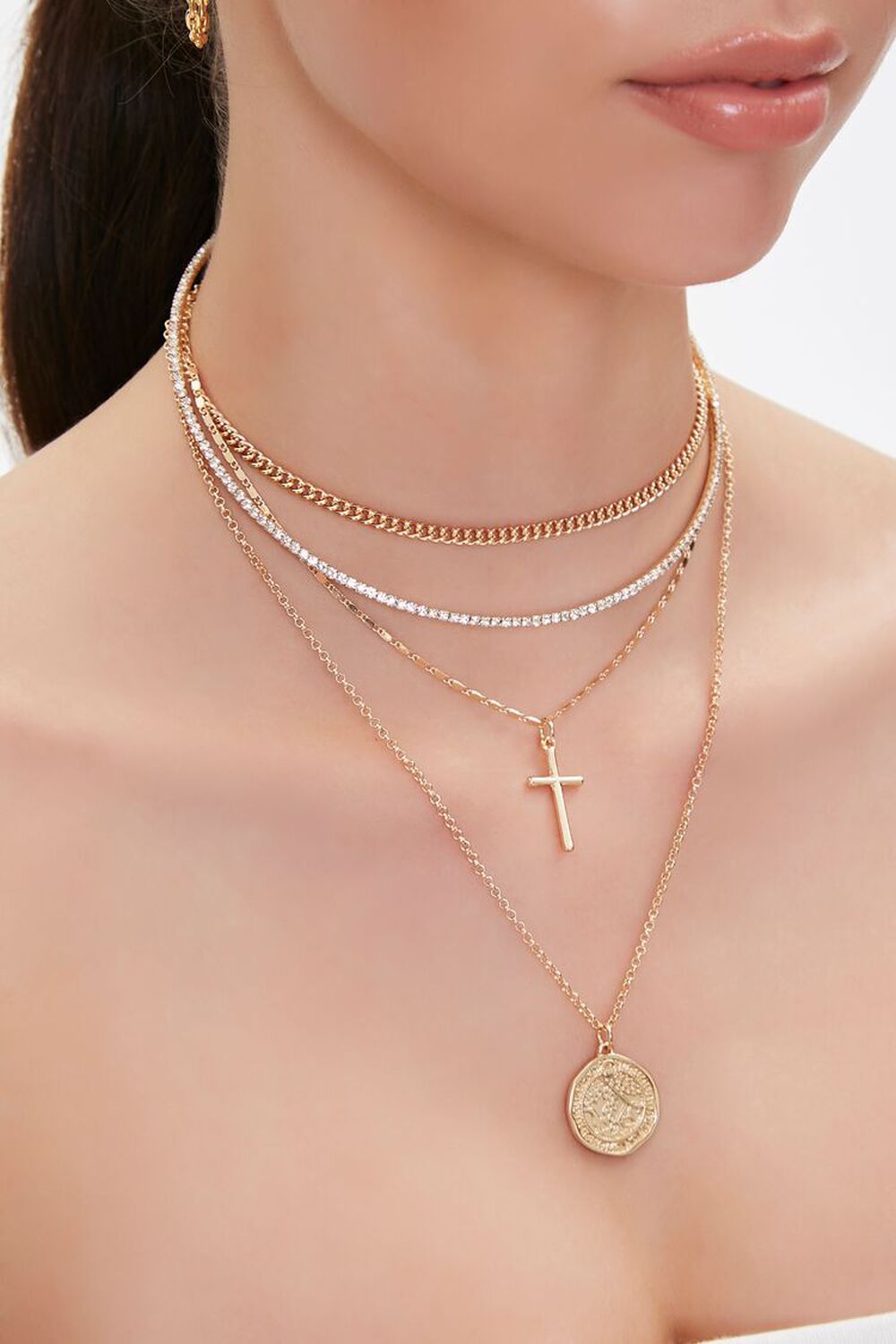 Coin & Cross Pendant Layered Necklace, image 1