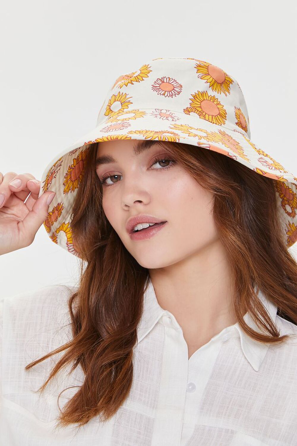 CREAM/ORANGE Floral Print Bucket Hat, image 1