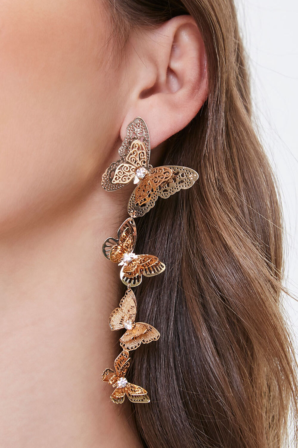 GOLD/CLEAR Filigree Butterfly Pendant Drop Earrings, image 1