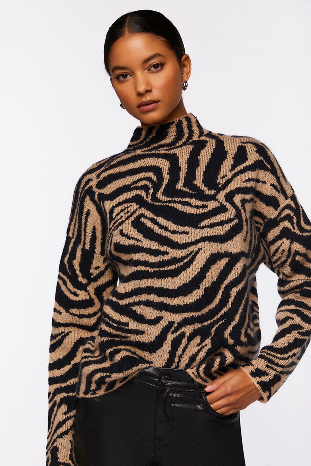 Zebra Print Mock Neck Sweater