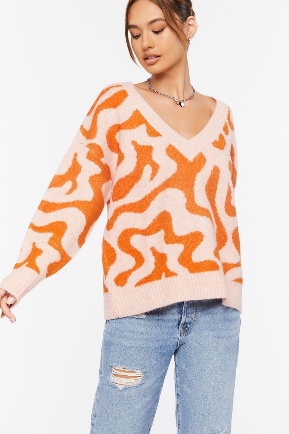 PINK/ORANGE Abstract Print V-Neck Sweater, image 1