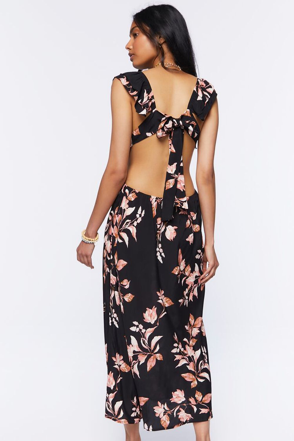 BLACK/MULTI Floral Print Tie-Back Midi Dress, image 3