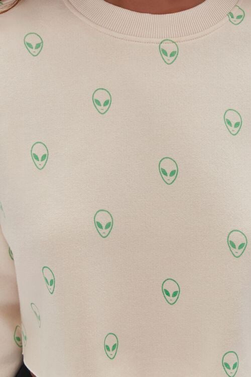 CREAM/GREEN Alien Print Fleece Pullover, image 5