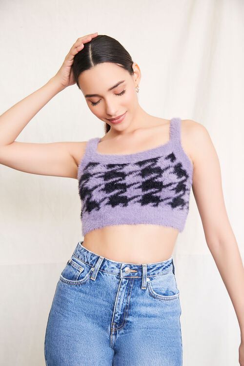 PURPLE/BLACK Sweater-Knit Houndstooth Crop Top, image 1