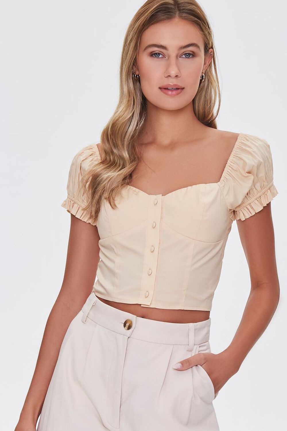 CHAMPAGNE Button-Front Crop Top, image 1