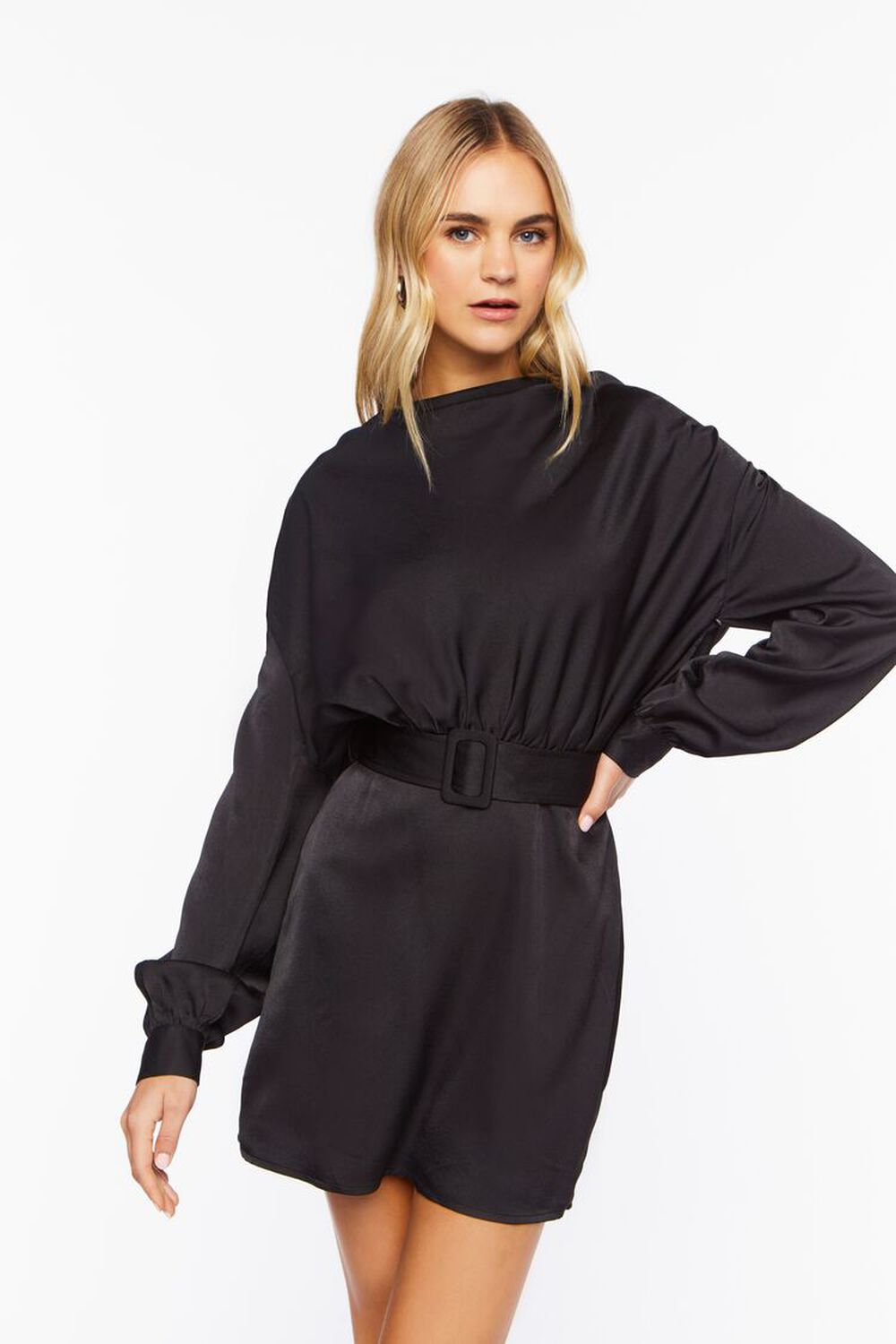 BLACK Satin Belted Drop-Sleeve Mini Dress, image 1