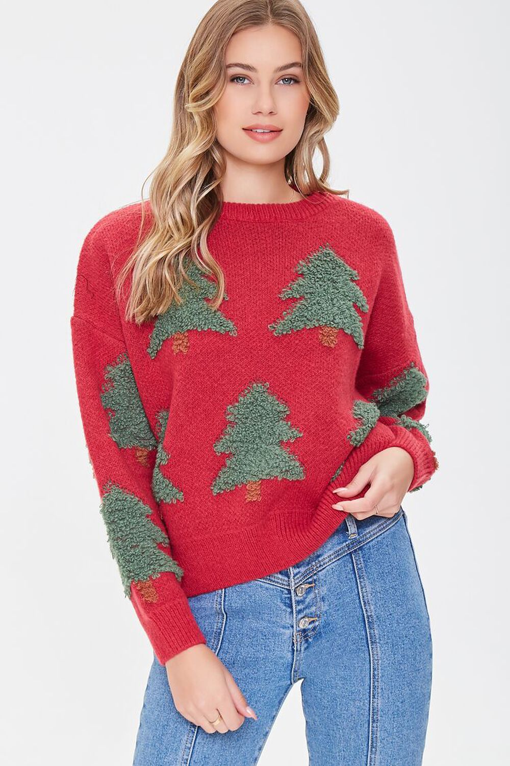 RED/GREEN Textured Tree Pattern Sweater, image 1