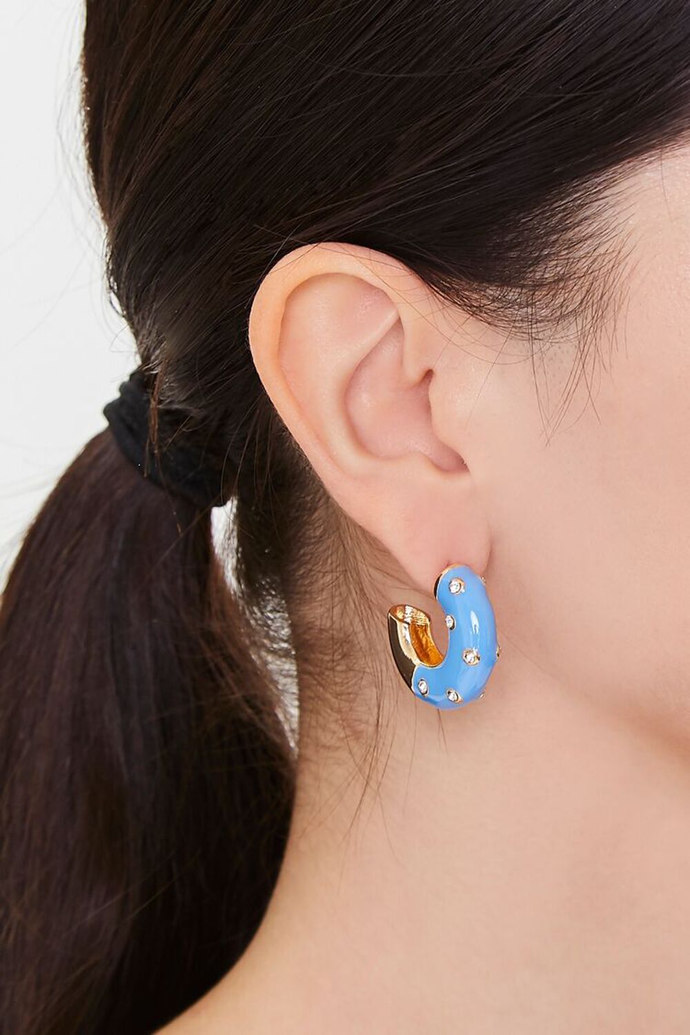 BLUE Rhinestone Open-End Hoop Earrings, image 1
