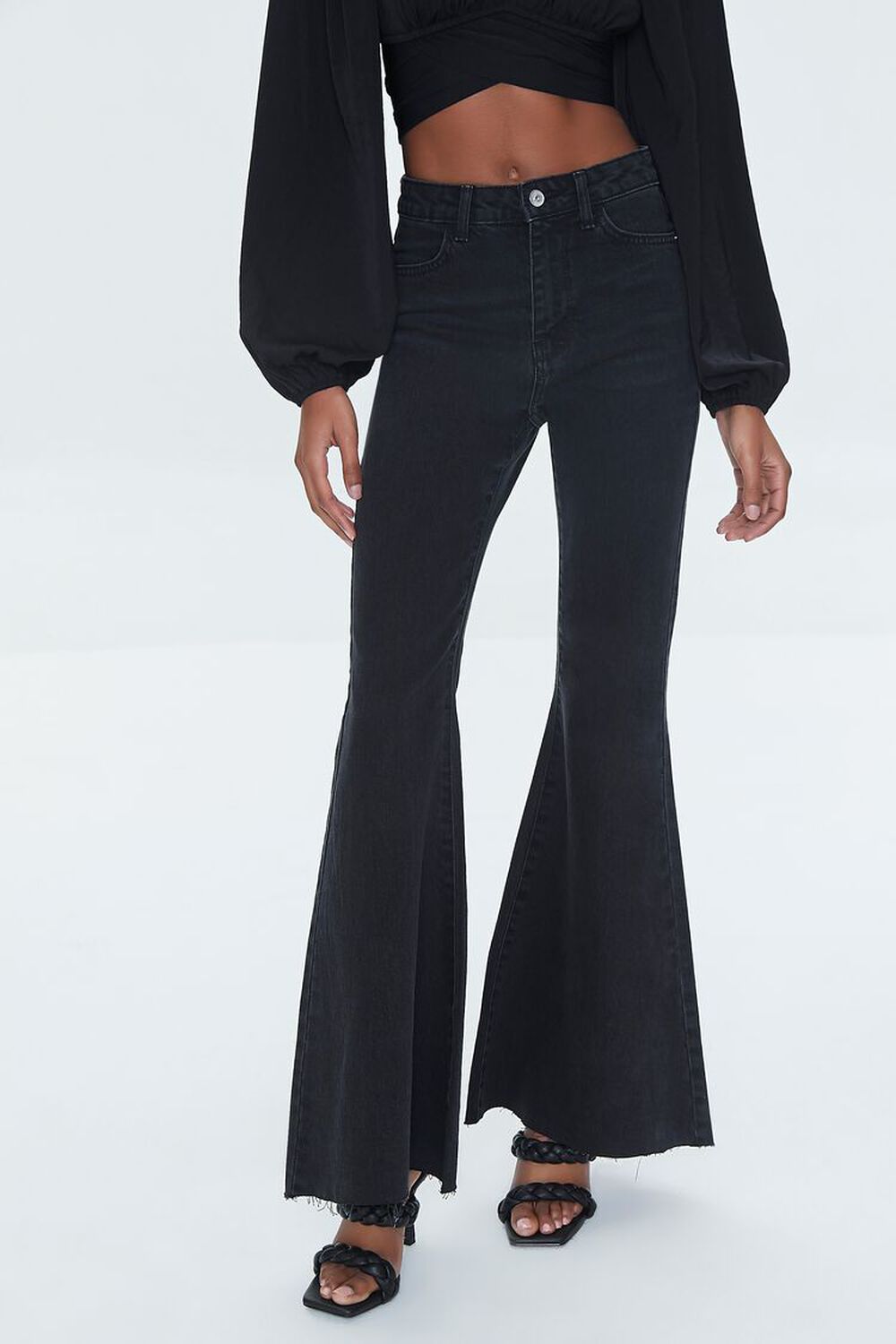 BLACK Recycled Cotton Raw-Cut Flare Jeans, image 2