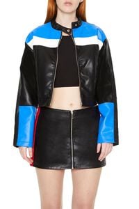 BLUE/MULTI Colorblock Faux Leather Moto Jacket, image 1