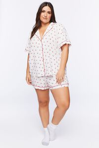 WHITE/RUBY Plus Size Piped-Trim Shirt & Shorts Pajama Set, image 4