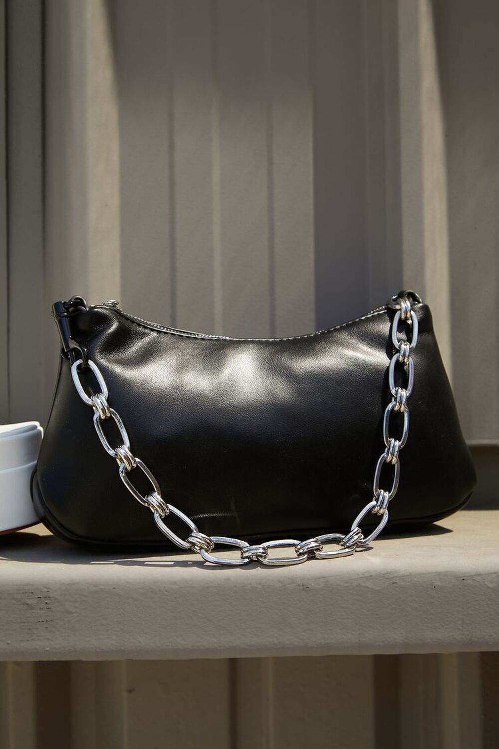 BLACK Faux Leather Chain Baguette Bag, image 1