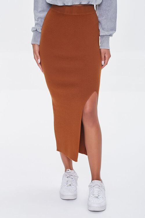 MOCHA Ribbed Slit Midi Skirt, image 2