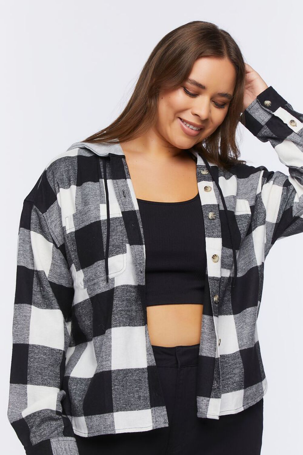 WHITE/BLACK Plus Size Hooded Plaid Combo Top, image 1