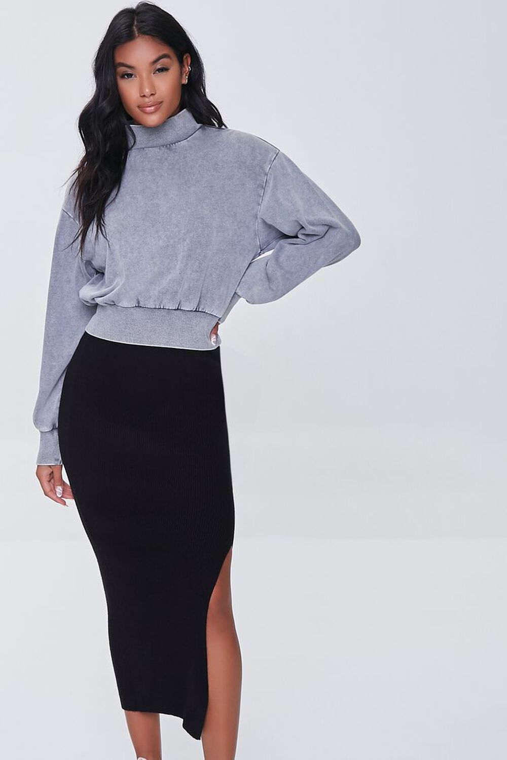 BLACK Ribbed Slit Midi Skirt, image 1