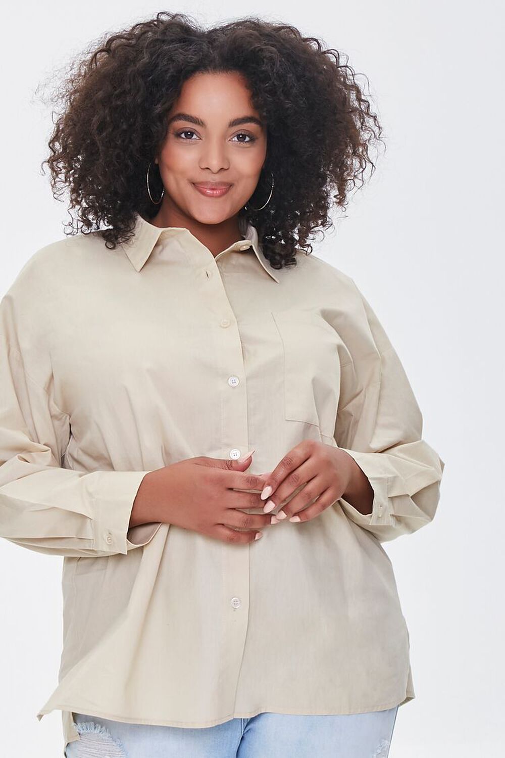 KHAKI Plus Size High-Low Poplin Shirt, image 1