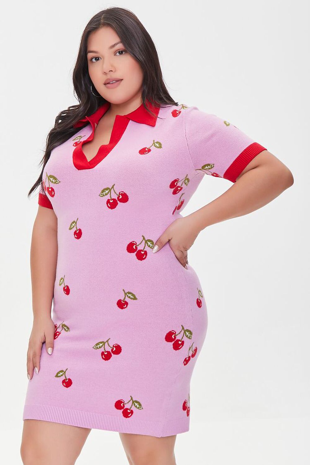 PINK/MULTI Plus Size Cherry Print Sweater Dress, image 1