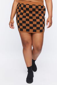 BLACK/BROWN Plus Size Checkered Sweater-Knit Mini Skirt, image 2