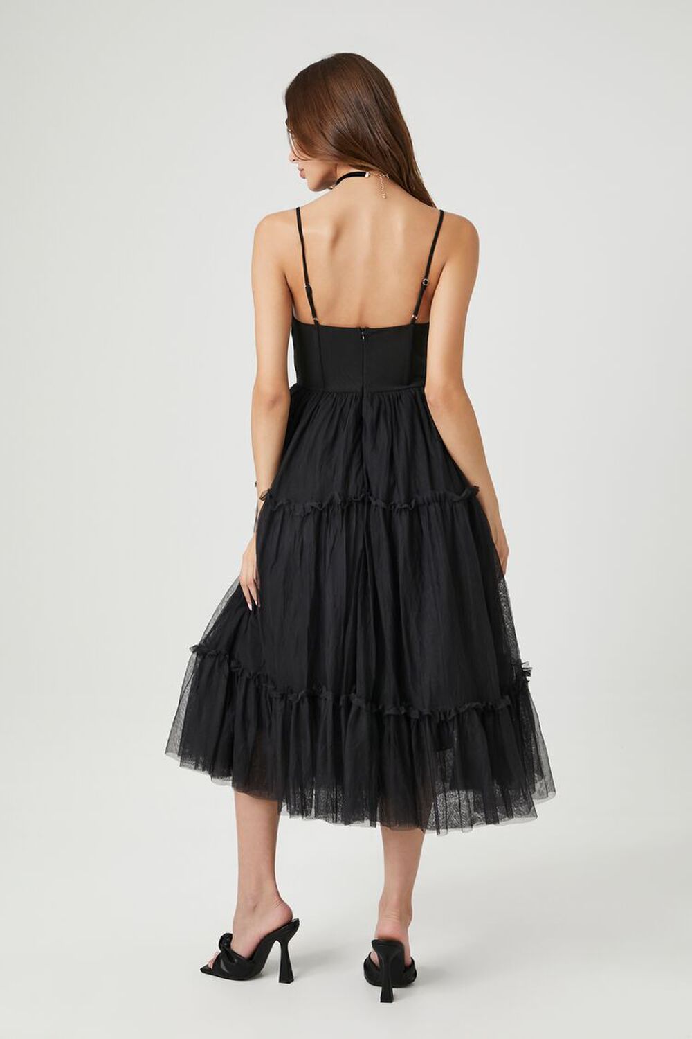 BLACK Tulle Ruffled Bustier Midi Dress, image 3
