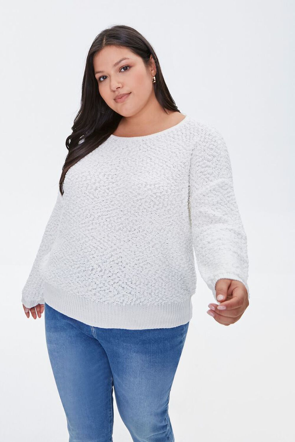 WHITE Plus Size Popcorn Knit Sweater, image 1
