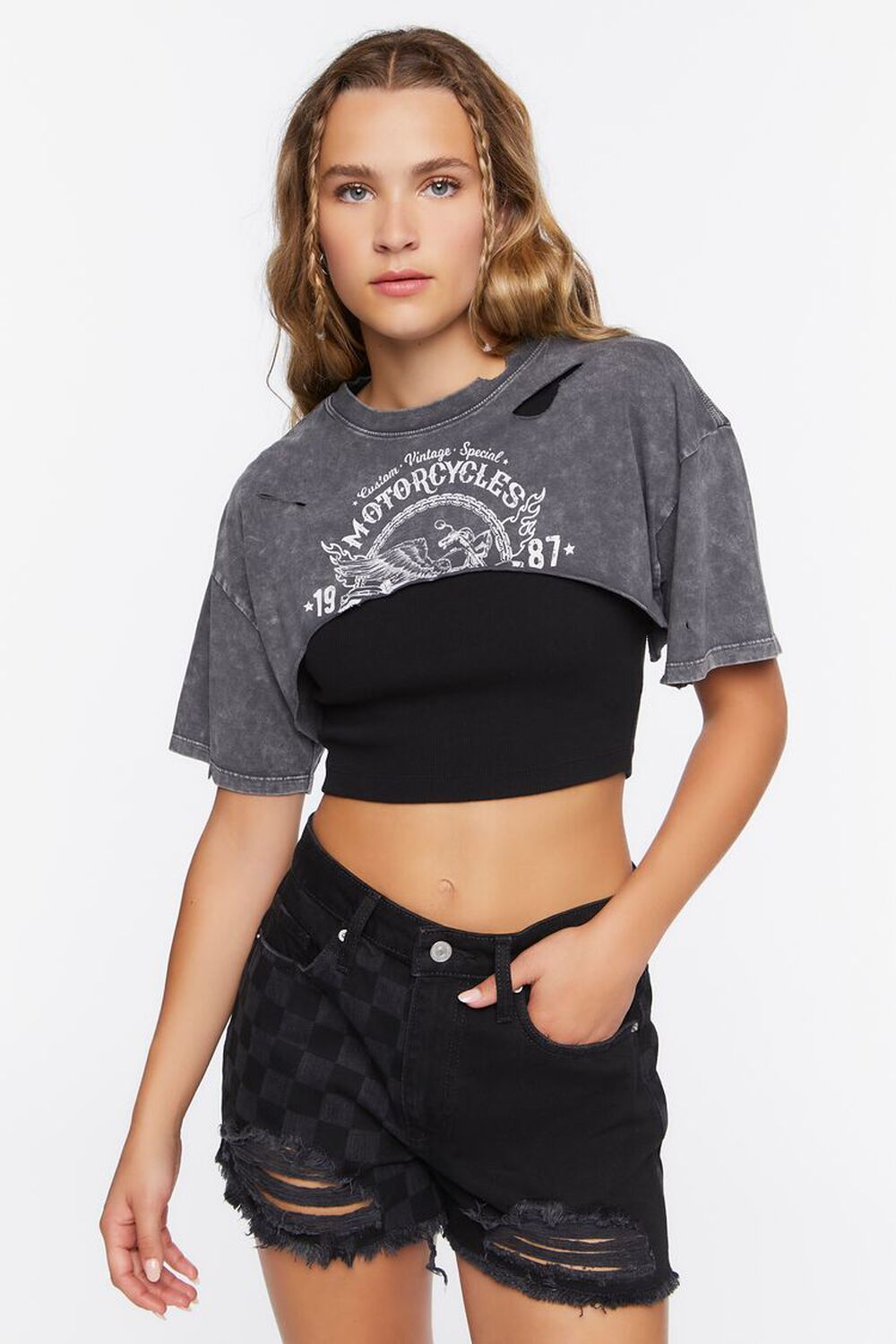 GREY/MULTI Super Cropped Motorcycles Graphic Tee, image 1