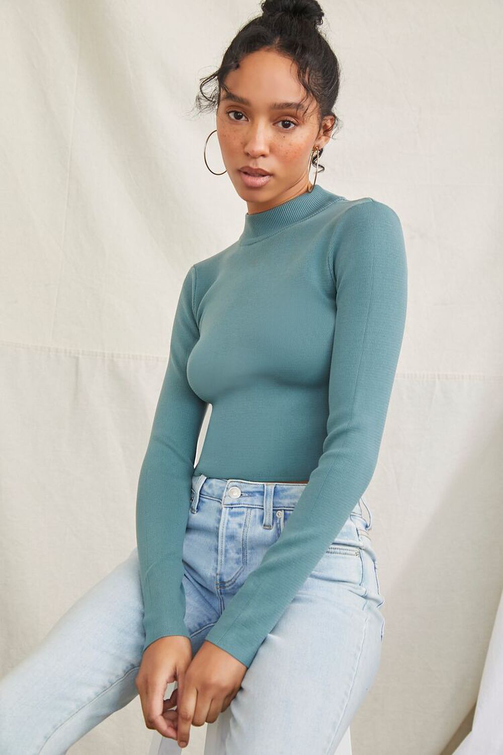 DUSTY BLUE Fitted Sweater-Knit Crop Top, image 1