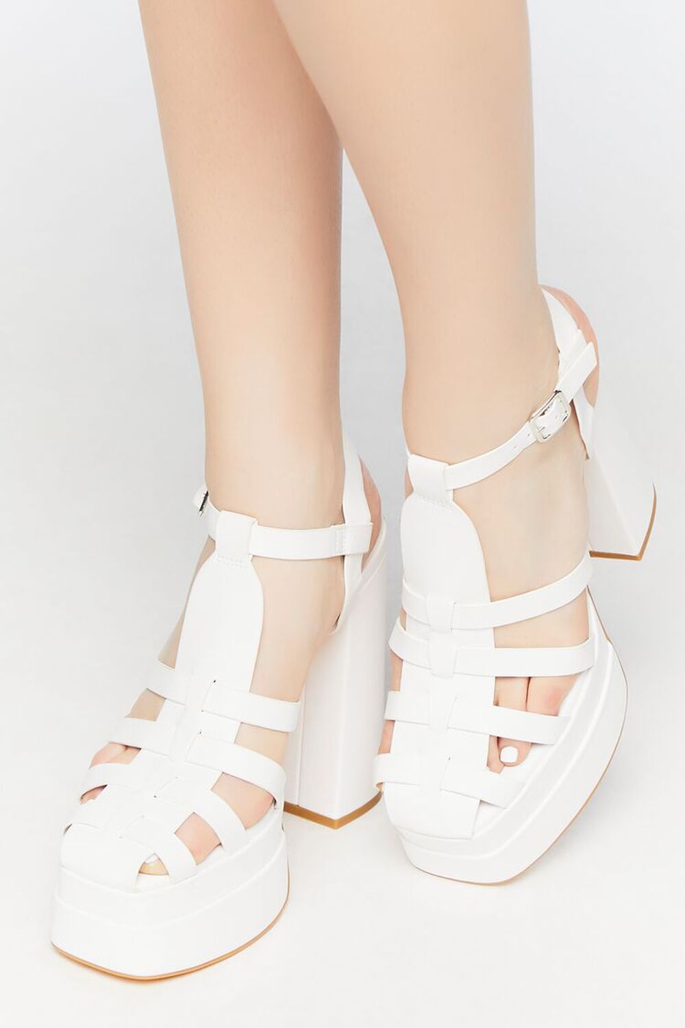 WHITE Faux Leather Caged Platform Heels, image 1
